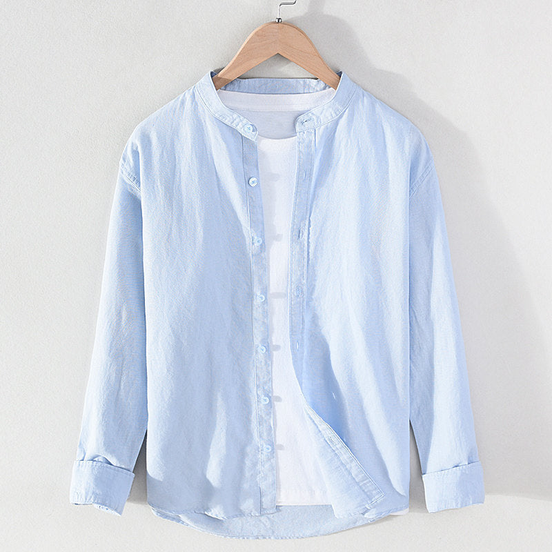 Stand Collar Cotton Linen Long Sleeve Shirt