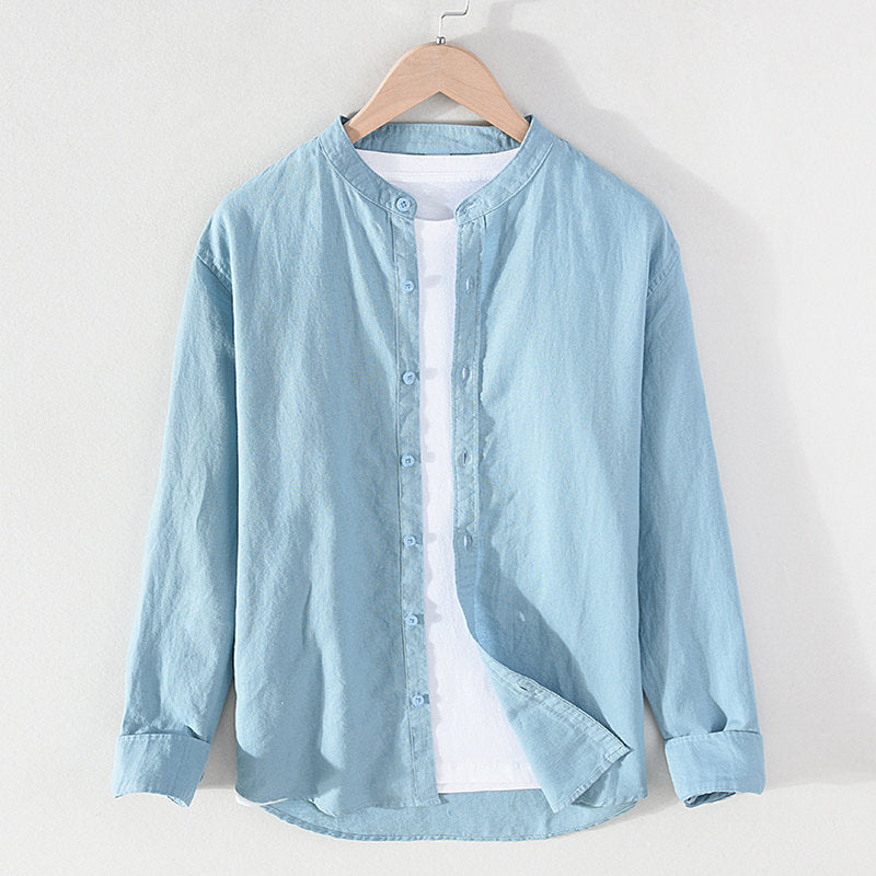 Stand Collar Cotton Linen Long Sleeve Shirt